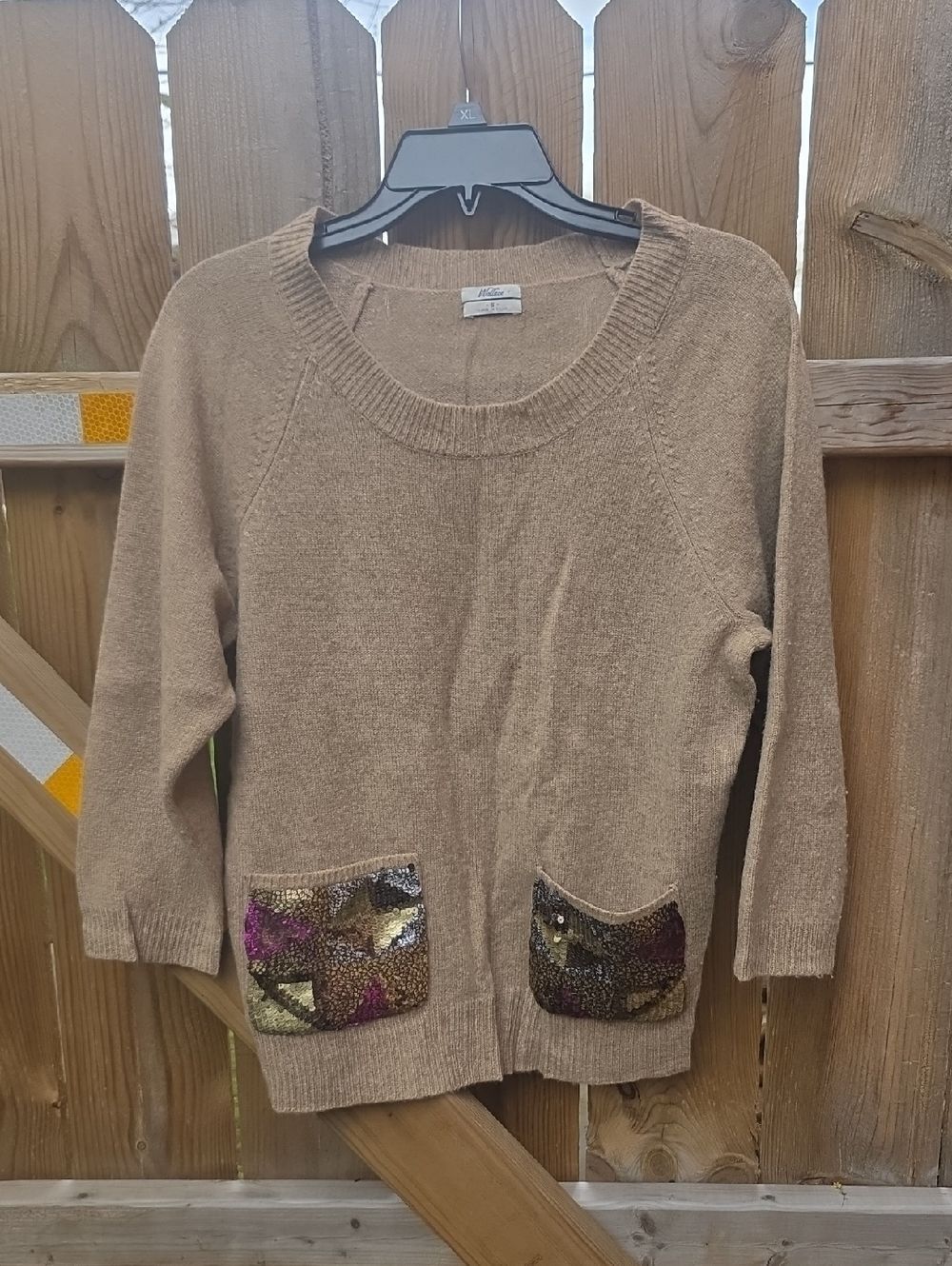 Cozy Beige Women's Sweater with Decorative Pocket Accents